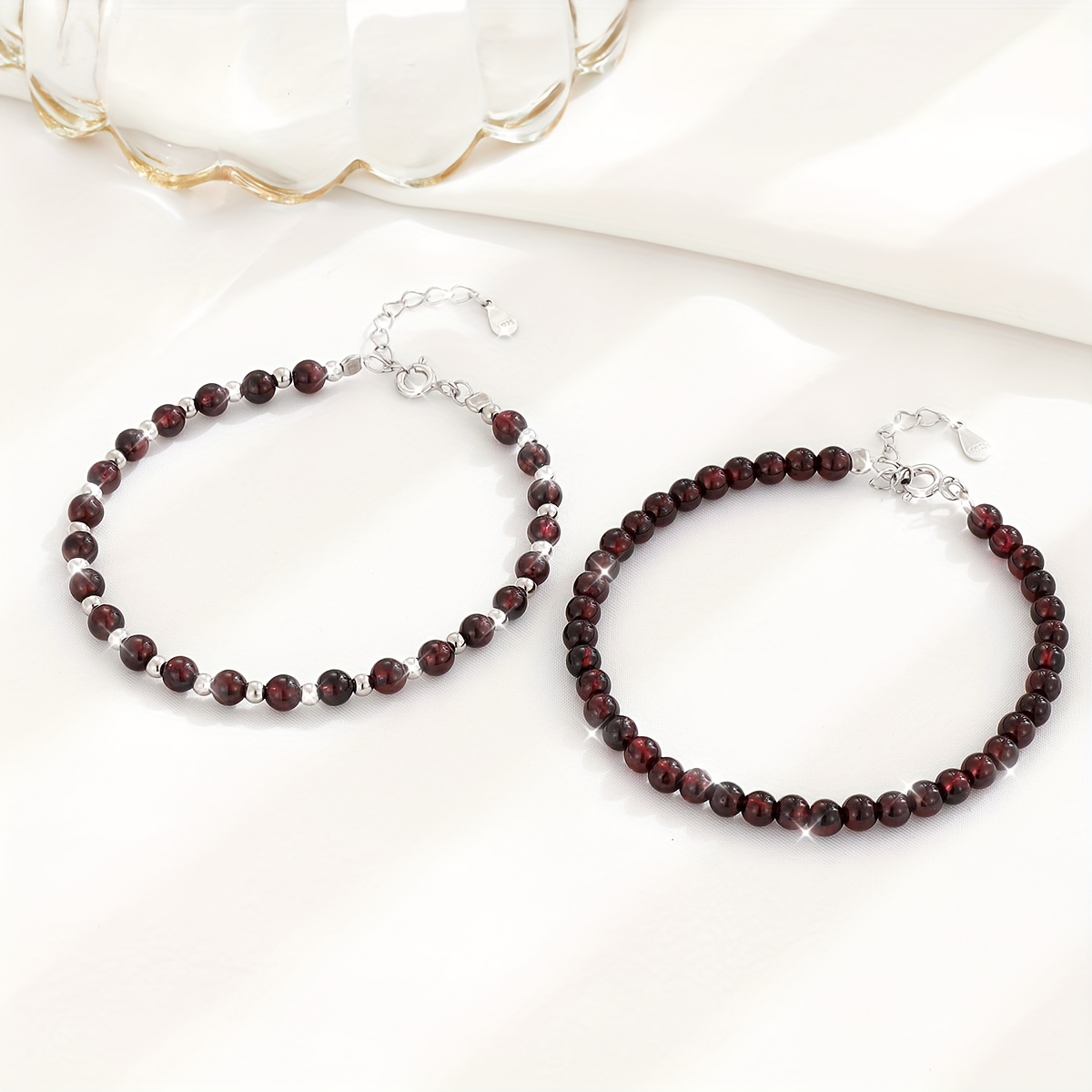 Sterling Silver Garnet Bead Bracelet - Adjustable Round Bracelet